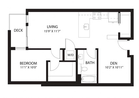 Floor plan for 1 bed, 1 bath, 834 sqft